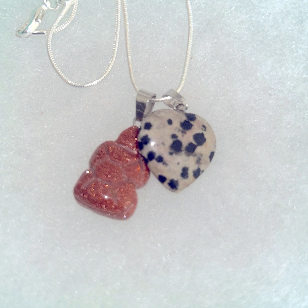 Dalmatian Jasper Crystal Heart ❤️ & Goldstone turtle 🐢 silver 16” necklace